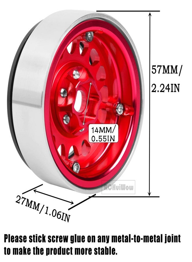 طقم عجلات RCHuiWow Beadlock مقاس 1.9 بوصة لسيارات التحكم عن بعد SCX10 وSCX10 II وSCX10 III وTRX-4 وD90 بمقياس 1/10، مصنوع من سبائك الألومنيوم شديدة التحمل، 4 قطع، لون أحمر - Image 3